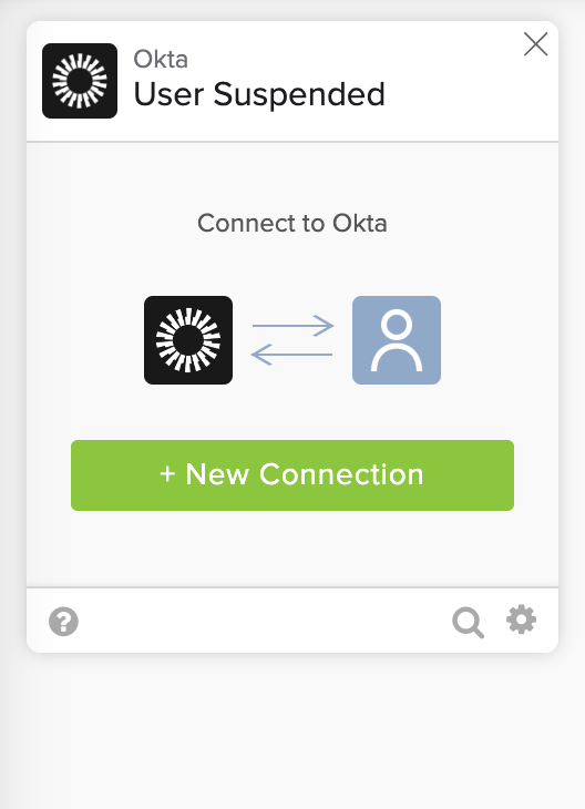 Okta "User Suspended" card prompt to create a new connection in Okta Workflows.