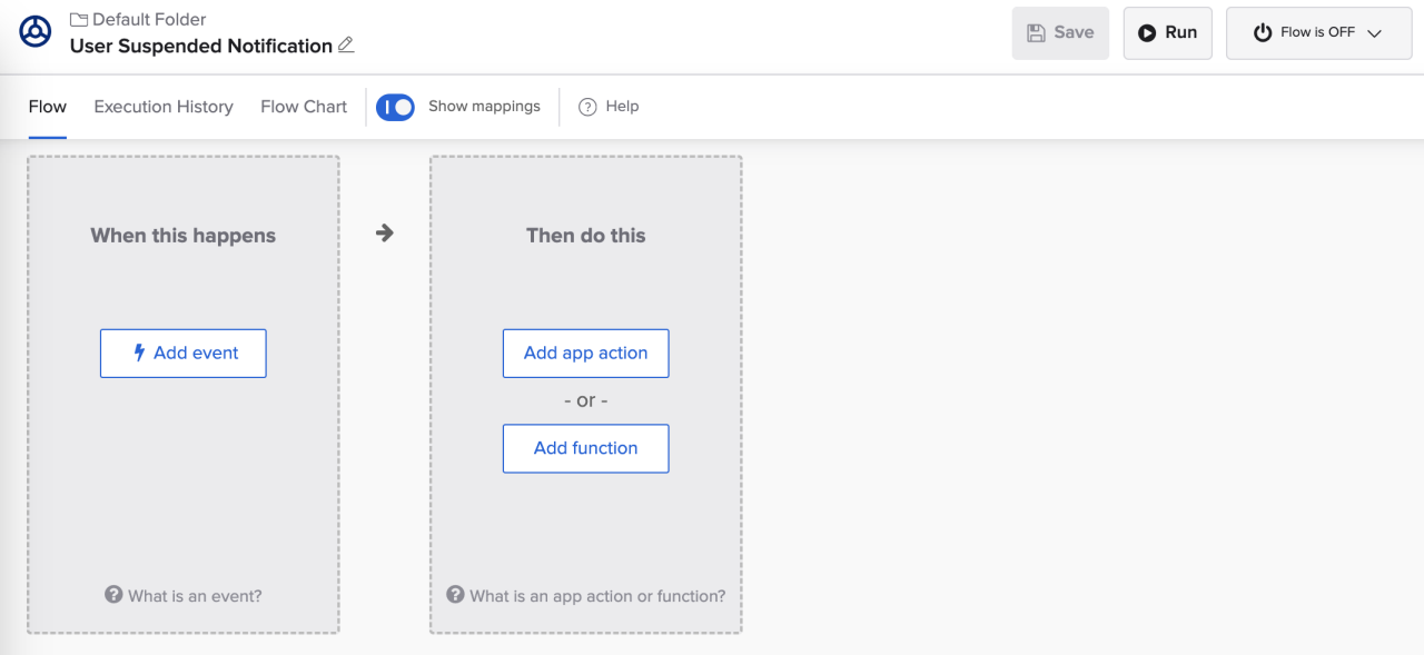 Okta Workflows builder canvas for "User Suspended Notification" showing empty "Add event" and "Add app action" placeholders.
