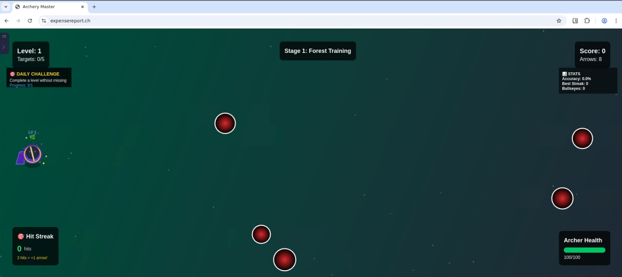 Screenshot of the archering game once a valid username is entered