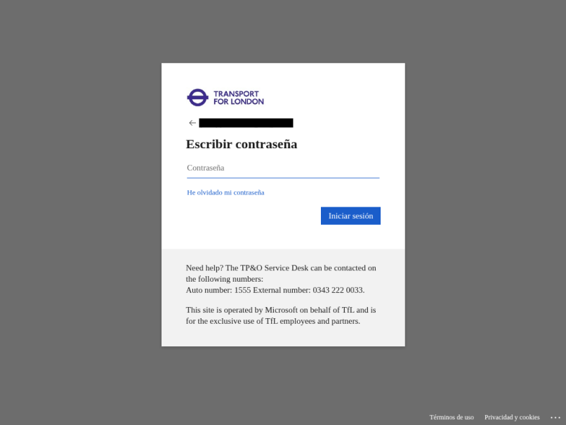 Screenshot of a final URL containing the malicious sign-in page targeting Transport for London
