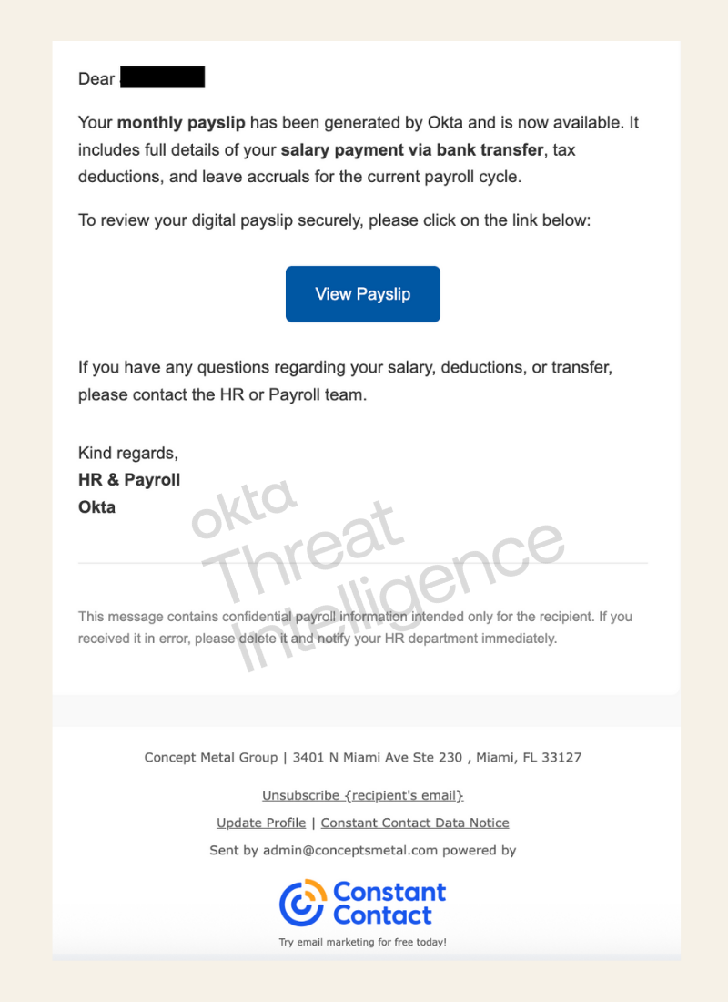 An intercepted phishing message abusing Constant Contact