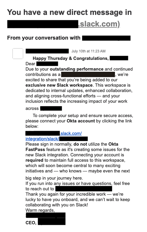 Slack message attempting to trick users into avoiding use of Okta FastPass