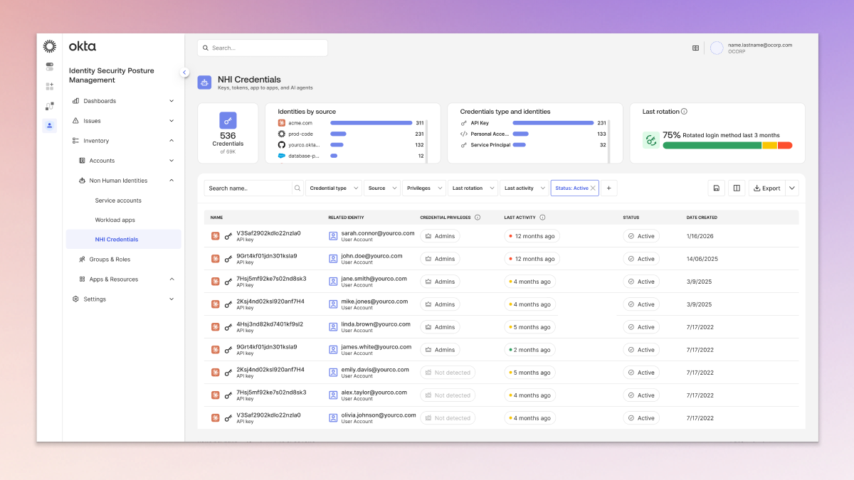 Okta security dashboard showing MFA credentials overview