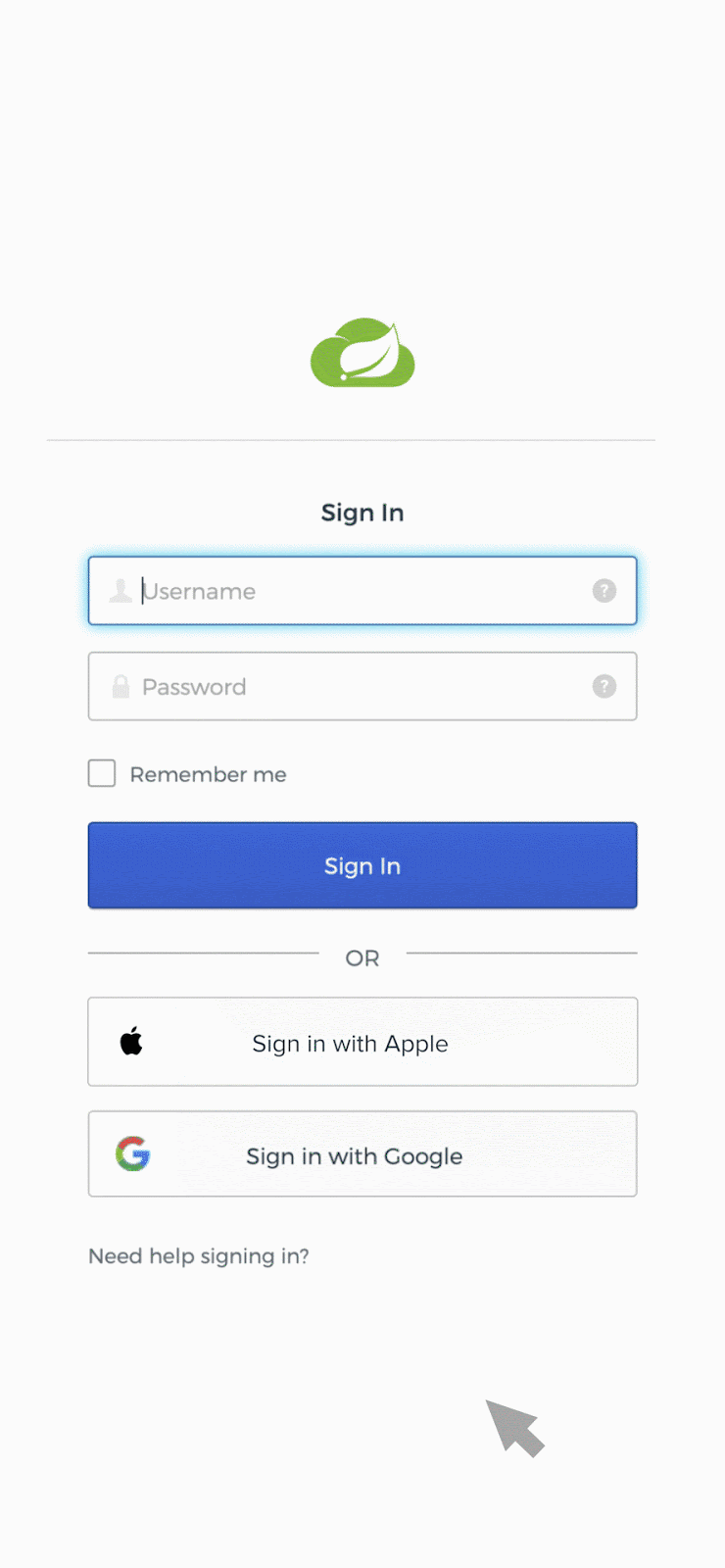 ログイン画面でマウスカーソルが「サインイン with Google」ボタンをクリックする様子を示す、ユーザーインターフェイスのデモアニメーションです。