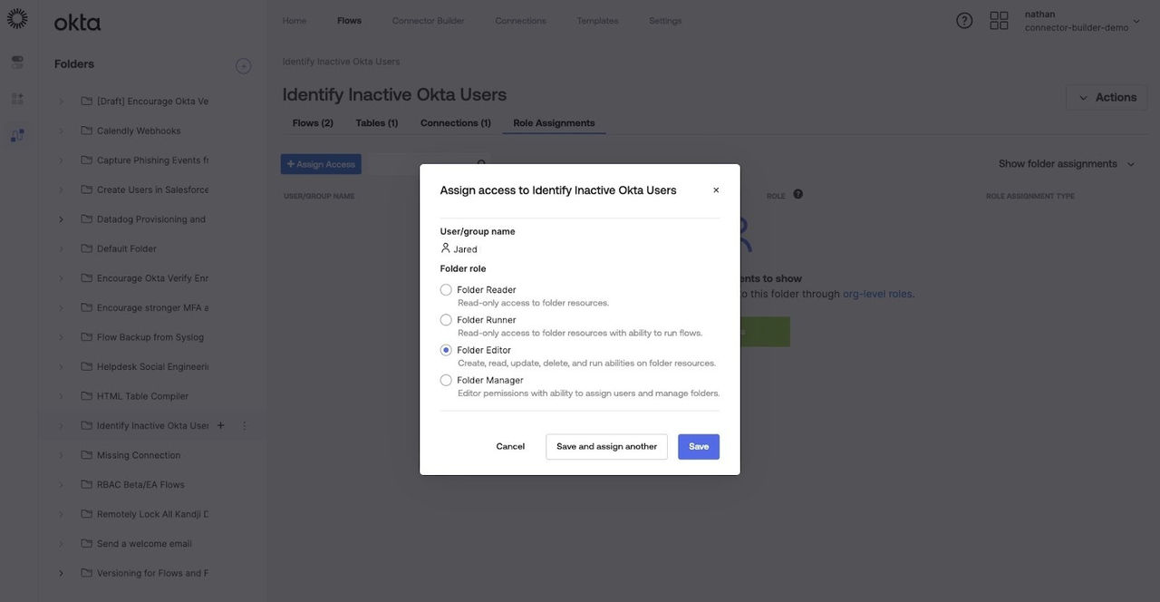 A computer screen displays the Okta platform with a pop-up window for assigning access to identify inactive Okta users. 