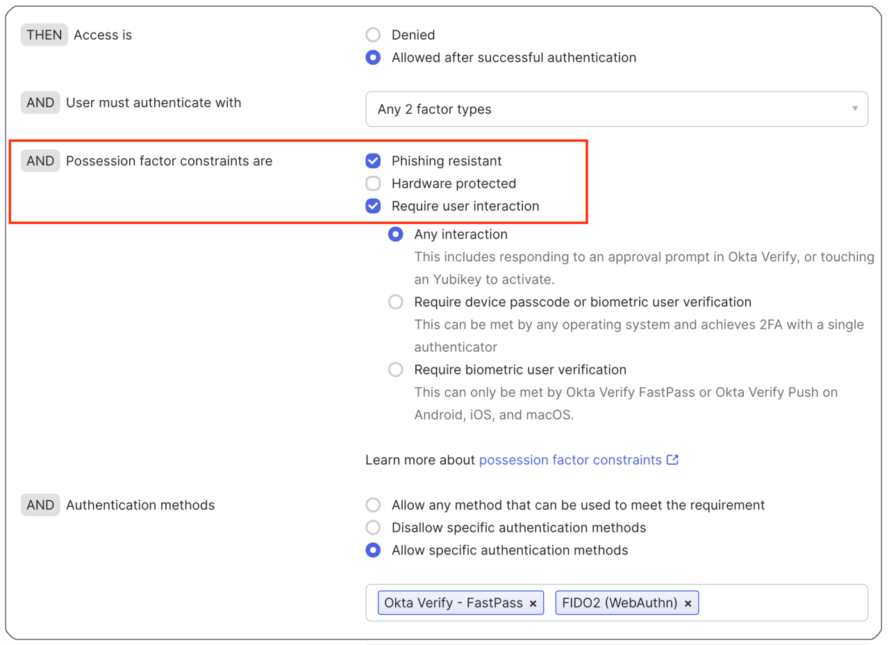 Okta アイデンティティ Engine認証ポリシー規則からのスクリーンショット
