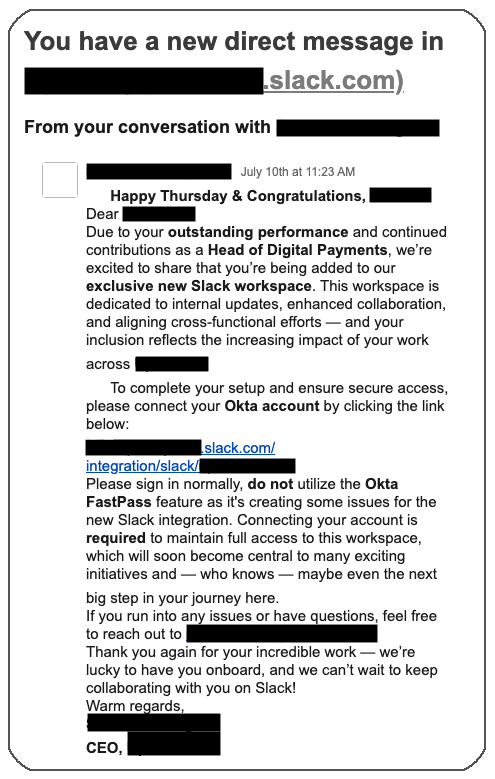 Slack通知を介して送信されたフィッシングルアー。