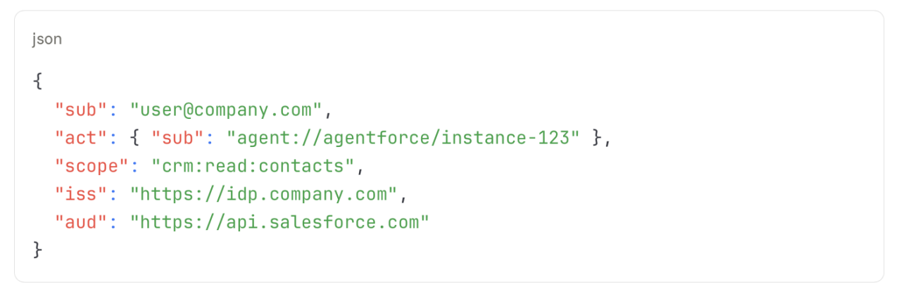A JSON example showcasing authentication details for Salesforce API integration. Includes keys such as 'sub', 'act', 'scope', 'iss', and 'aud'.