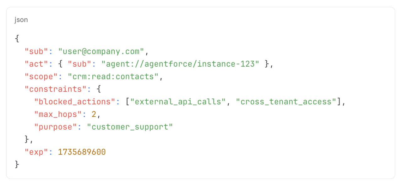 A JSON token showcasing user and agent information for authentication purposes.