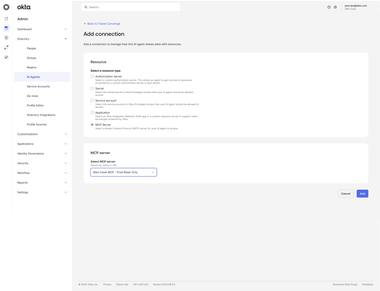 Screenshot of the Okta admin dashboard interface showing the 'Add connection' page for agents.