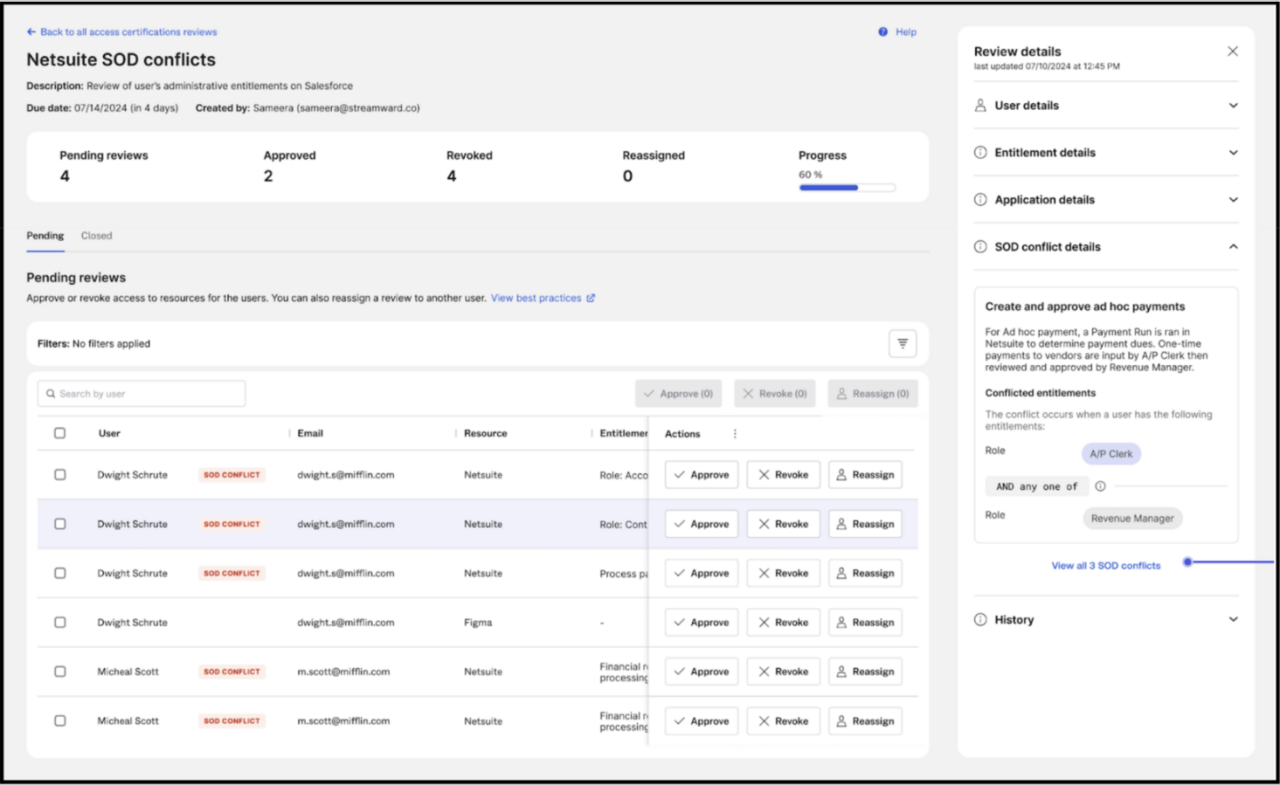 Screenshot showing Netsuite SOD conflicts