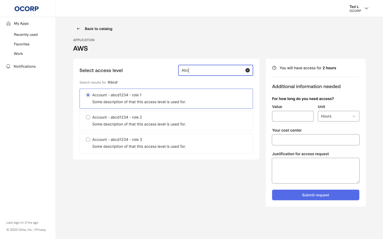A user interface for requesting AWS access is displayed