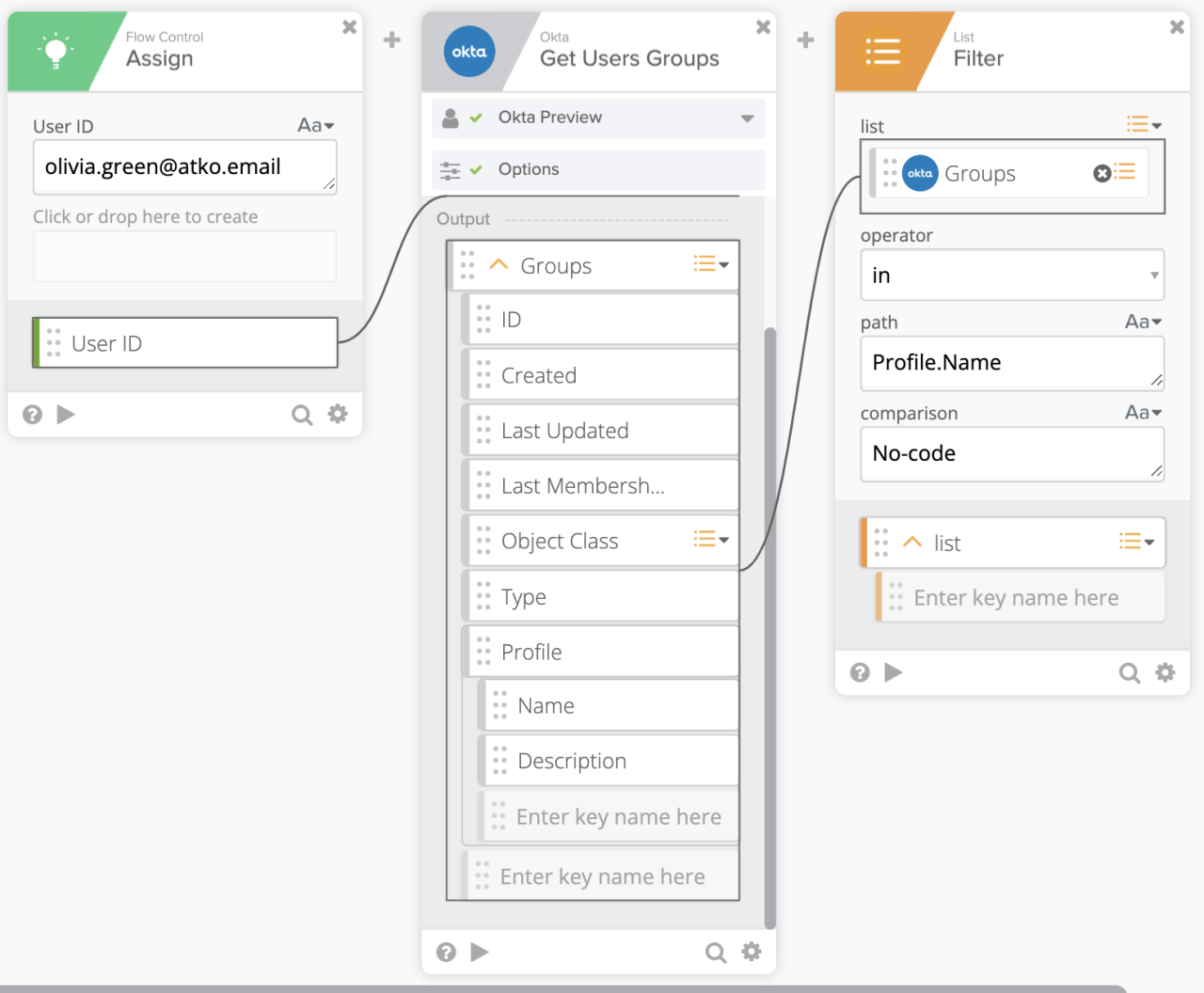 Okta Workflows interface showing a standard filter configuration.
