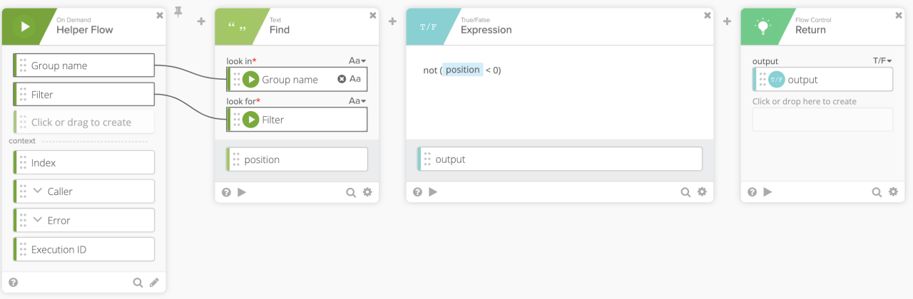Okta Workflows interface diagram illustrating a custom search helper flow setup.