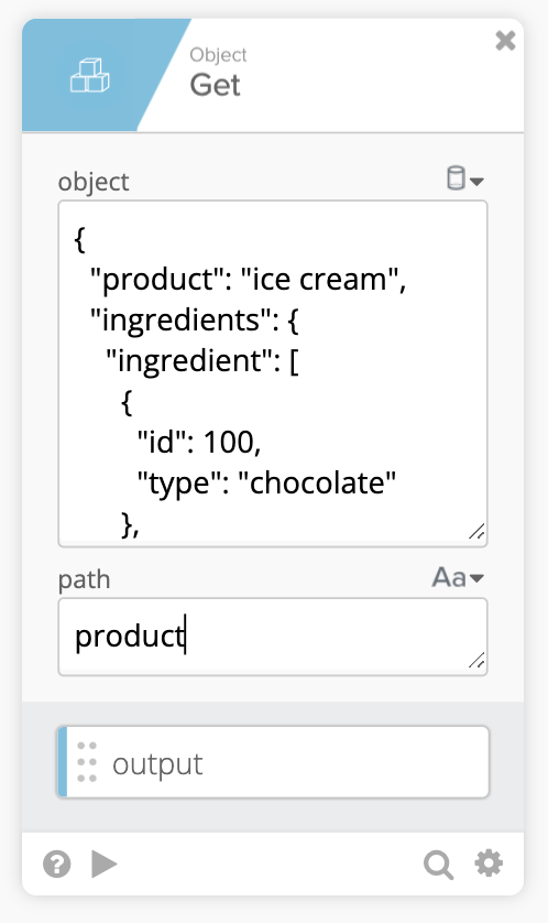 Okta Workflows Object Get card displaying an input object with product and ingredients JSON, a path set to product, and an empty output field.
