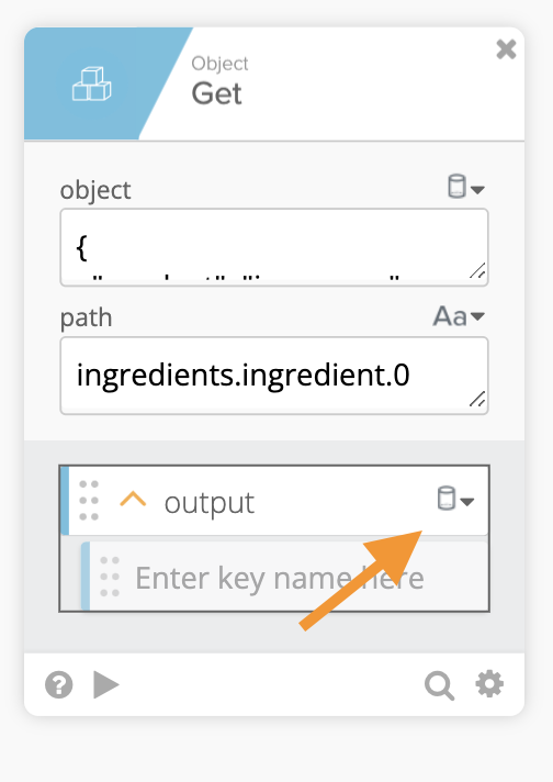 Okta Workflows Object Get card configured with path ingredients.ingredient.0 and an orange arrow pointing to the output field labeled "Enter key name here".