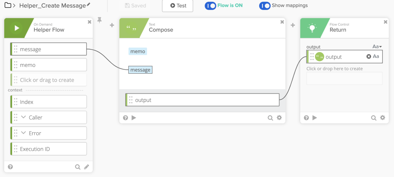Workflow builder interface showing a helper flow configuration. 