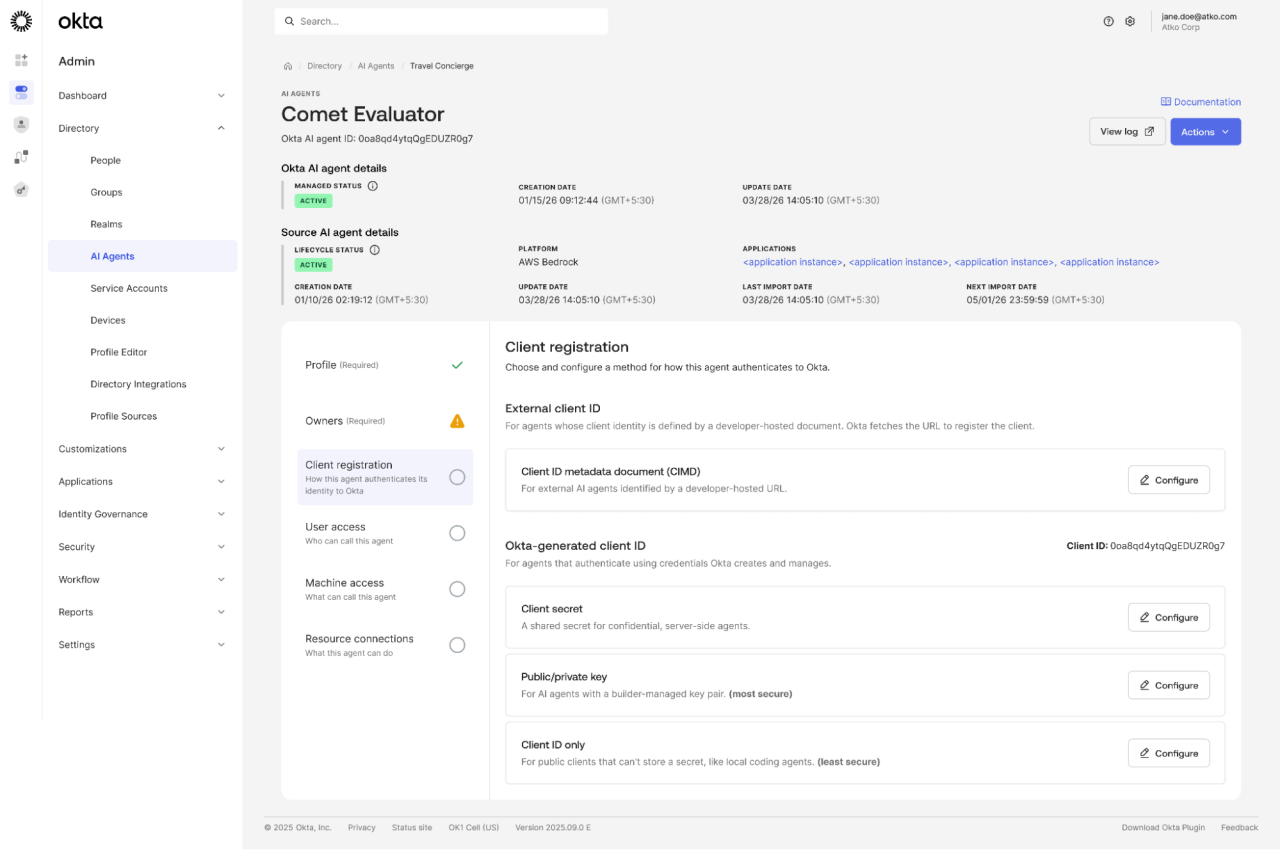 Okta admin console displaying the Comet Evaluator agent configuration page