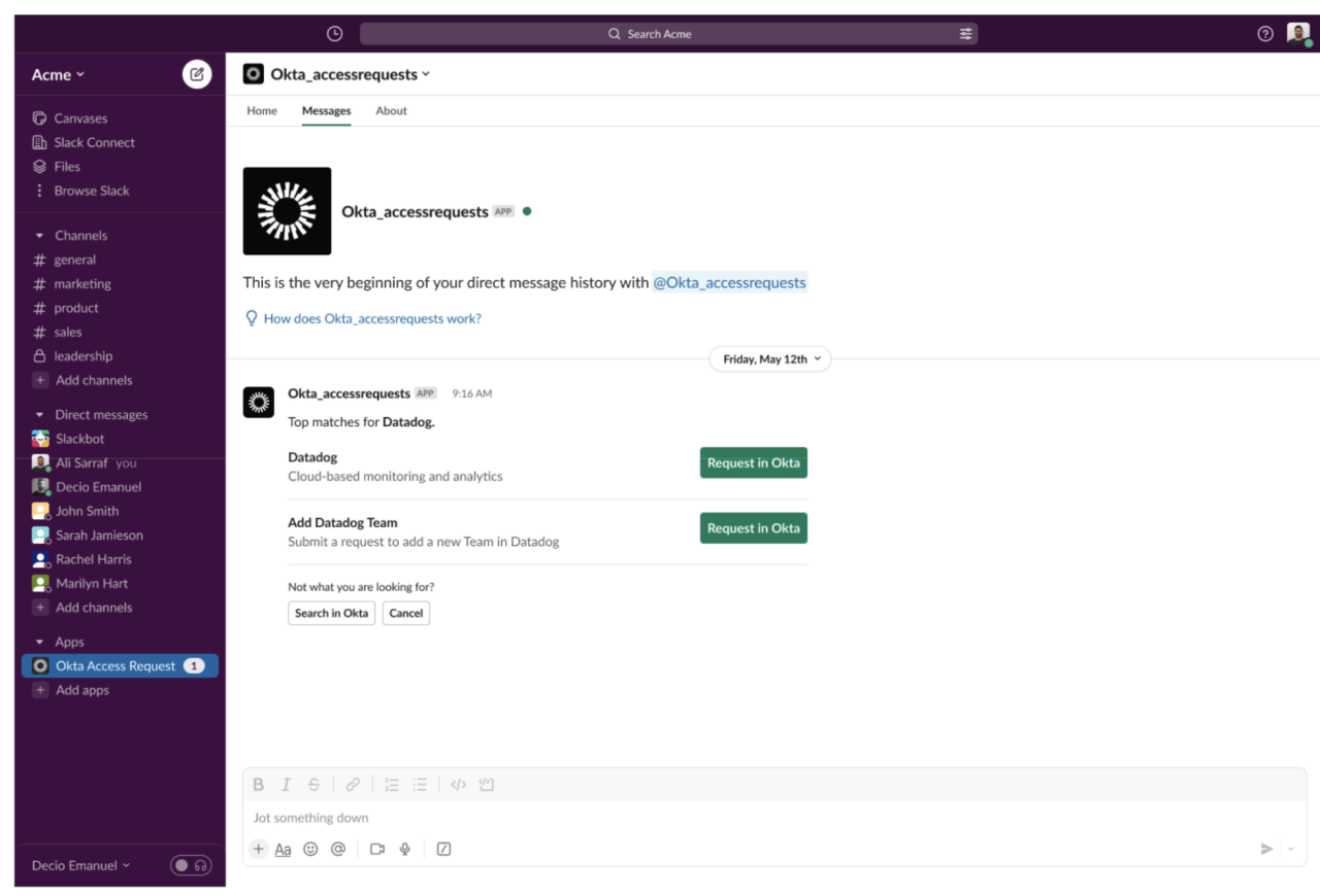 Slack conversation with Access Requests