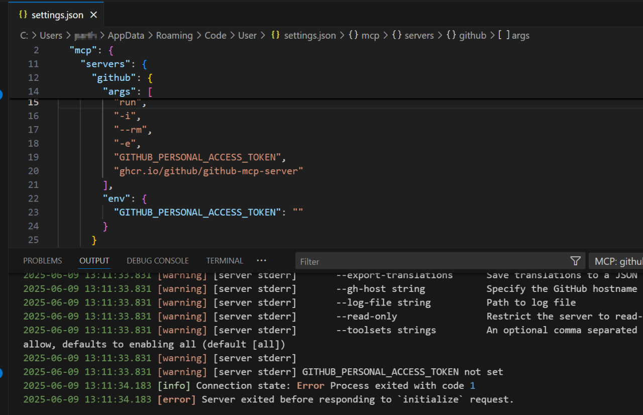 An MCP server used for accessing GitHub resources errors out if a PAT is not supplied in the configuration file.