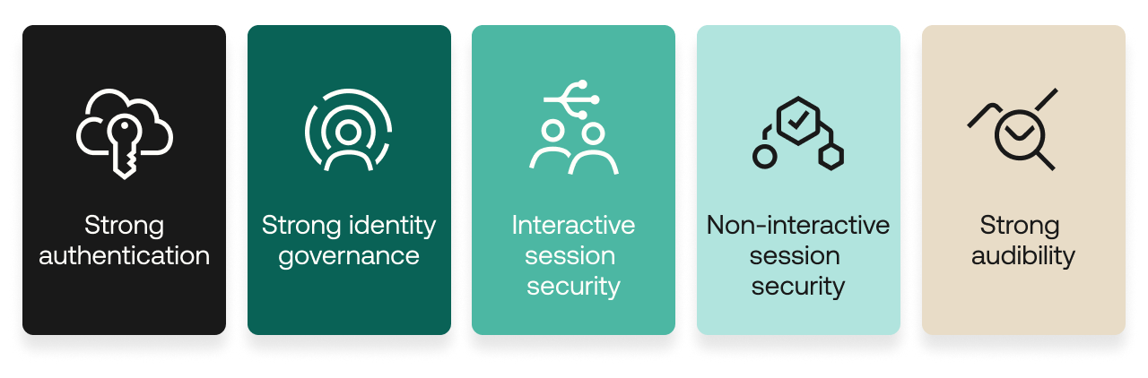 Requirements include strong authentication, strong identity governance, interactive session security, non-interactive session security, and strong auditability