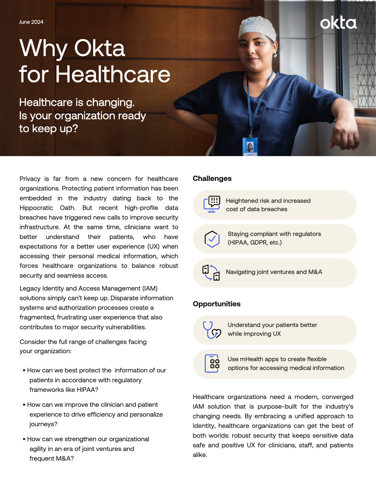 An Okta document titled "Why Okta for Healthcare," featuring a healthcare worker and outlining challenges and opportunities in identity access management and patient data privacy.