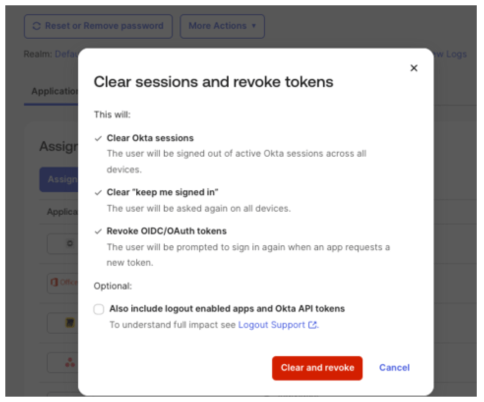 Ventana emergente de Okta que muestra las opciones para borrar sesiones, revocar tokens y cerrar sesión en las aplicaciones.