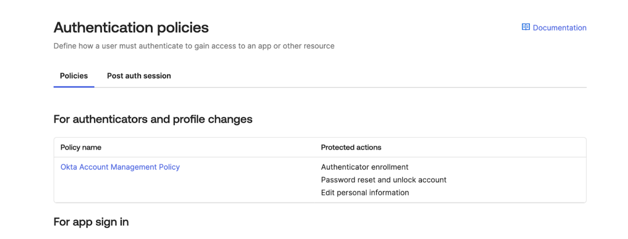 Captura de pantalla de las políticas de autenticación. 