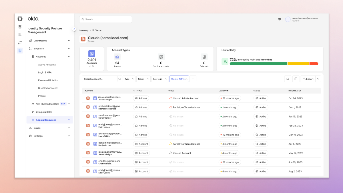 Okta security posture management dashboard interface