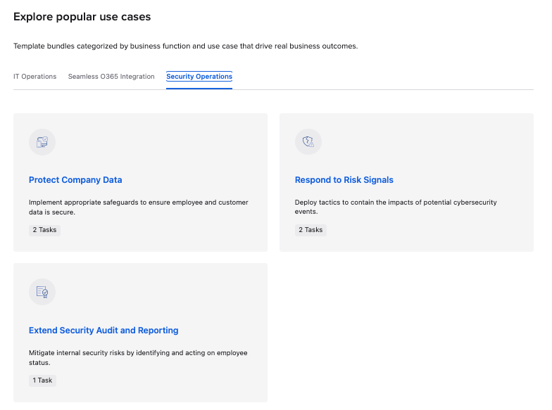 Okta interface web dashboard section titled "Explore popular use cases" focused on Security Operations.  