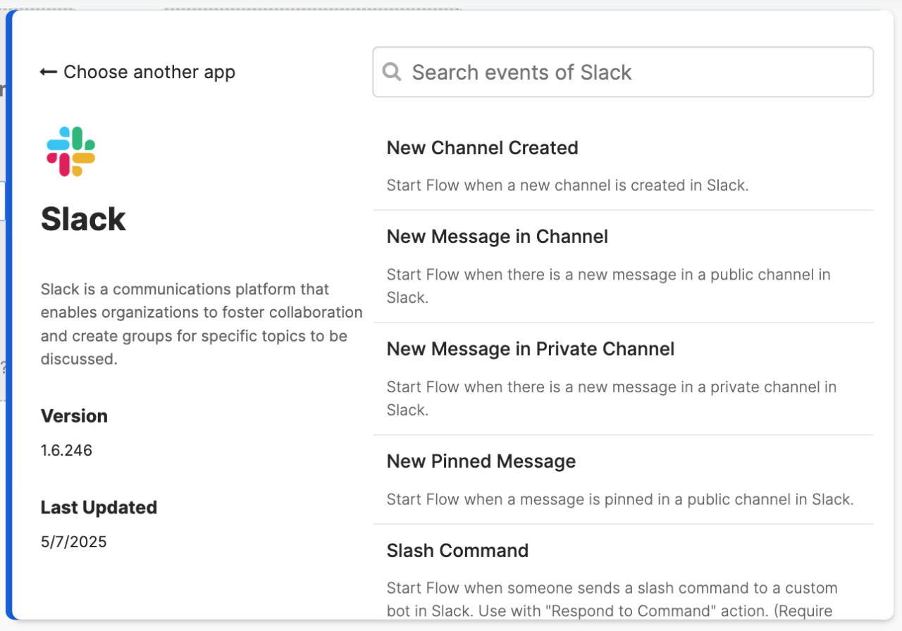 A screenshot showcasing the Slack app interface, highlighting various event options such as 'New Channel Created' and 'New Message in Channel'. 