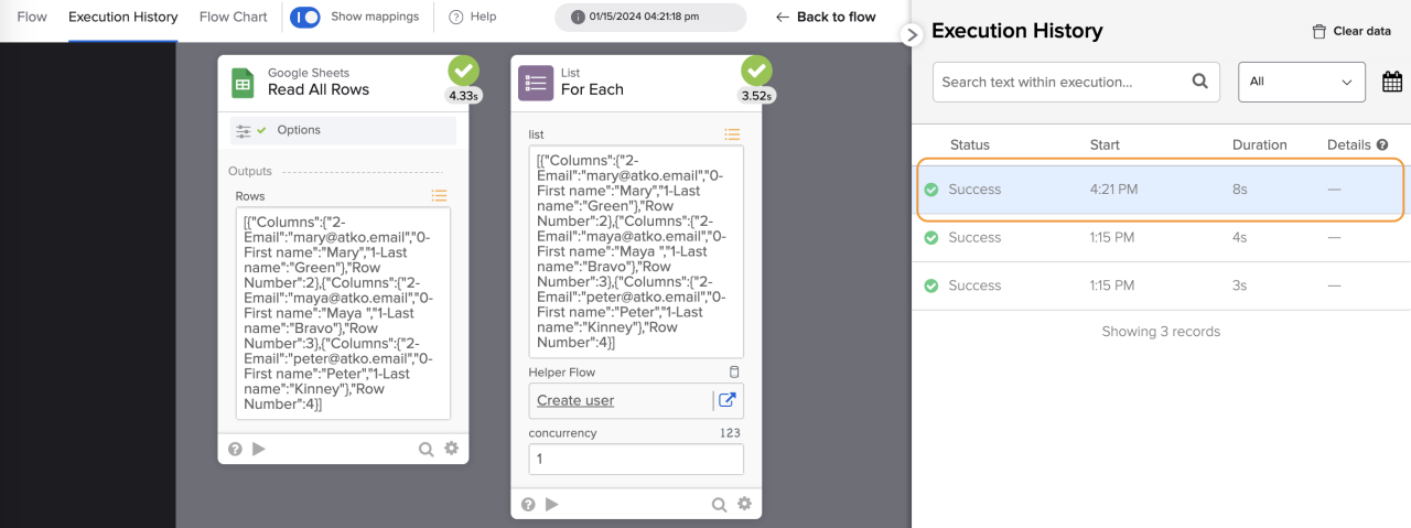 Okta Workflows execution history dashboard showing completed runs for a Google Sheets "Read All Rows" card connected to a "List - For Each" card executing a "Create user" helper flow.