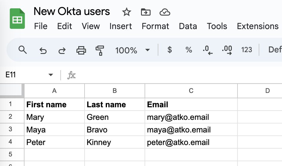 Spreadsheet titled New Okta users displayed in a web-based interface
