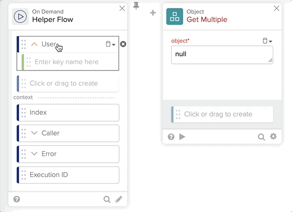 GIF of Okta Workflows interface showing a Helper Flow card configured alongside an Object Get Multiple function card.