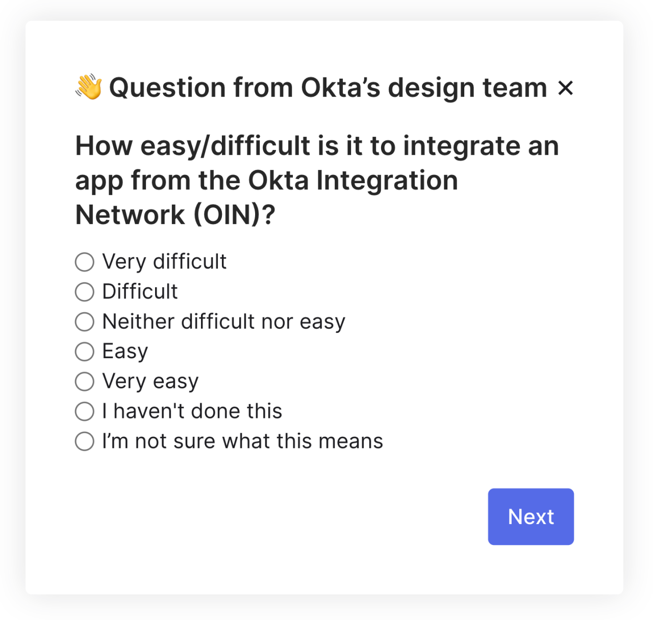 A survey question from Okta's design team asking users about the ease of integrating an app from the Okta Integration 