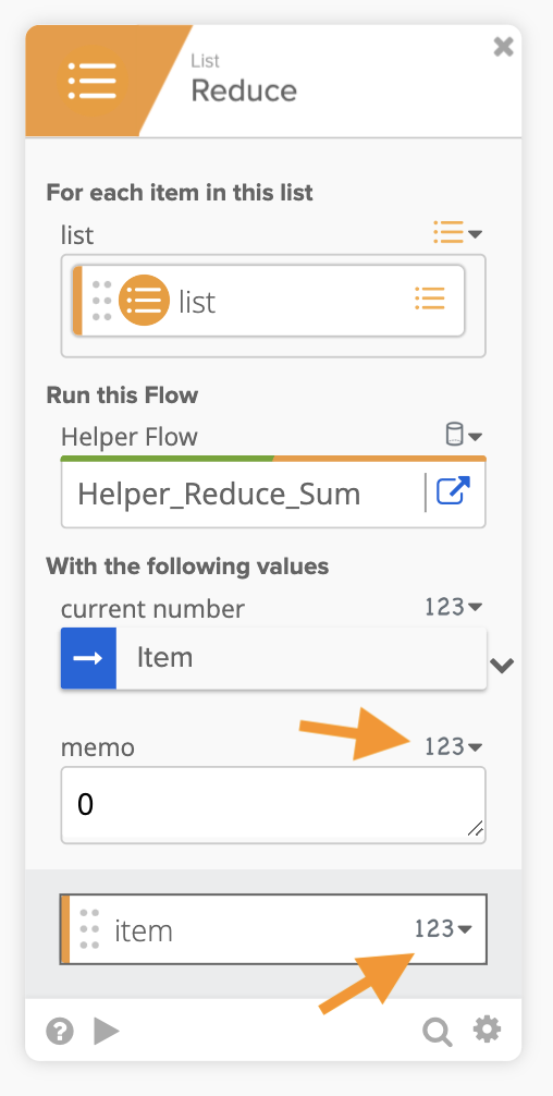 A List Reduce configuration panel in a visual workflow editor. 
