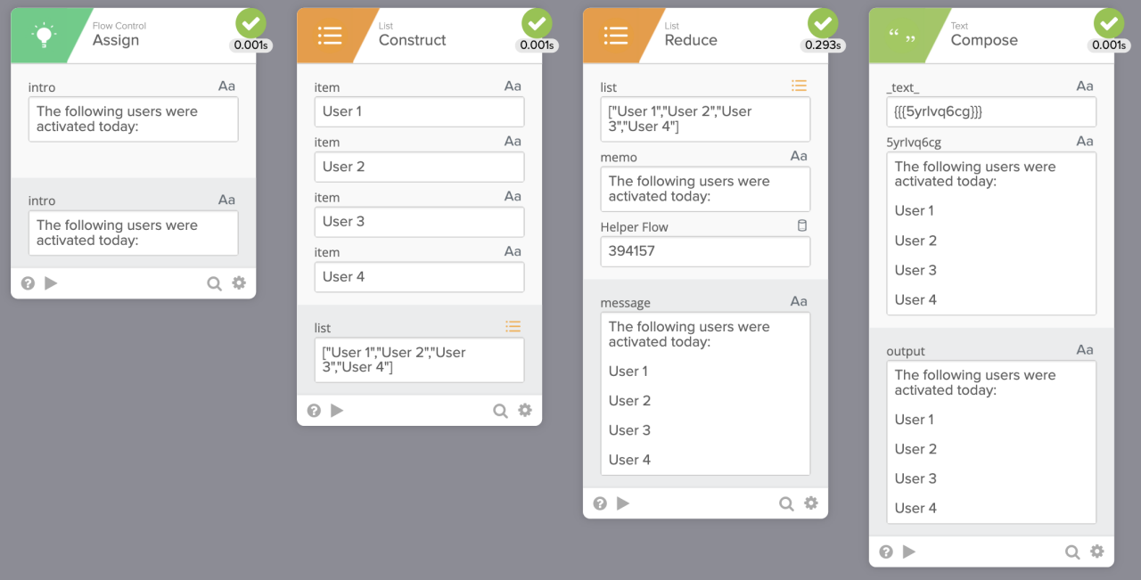 Workflow interface with multiple panels labeled Assign, Construct, Reduce, and Compose. 