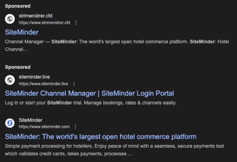 Example of malvertising showing two fake websites promoted above a legitimate domain.