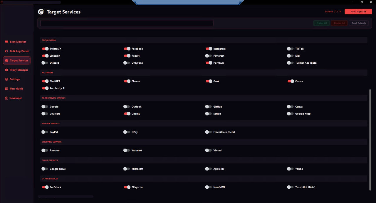 A view of a panel from a software tool that parses infostealer logs and allows users to select session tokens specifically for AI services.