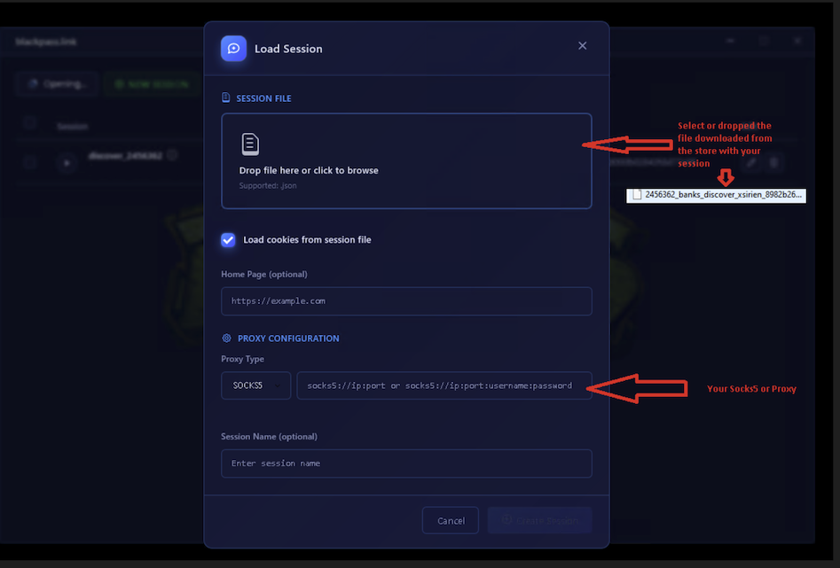 A screenshot of an “anti-detect” browser with fields to fill in session and proxy data.
