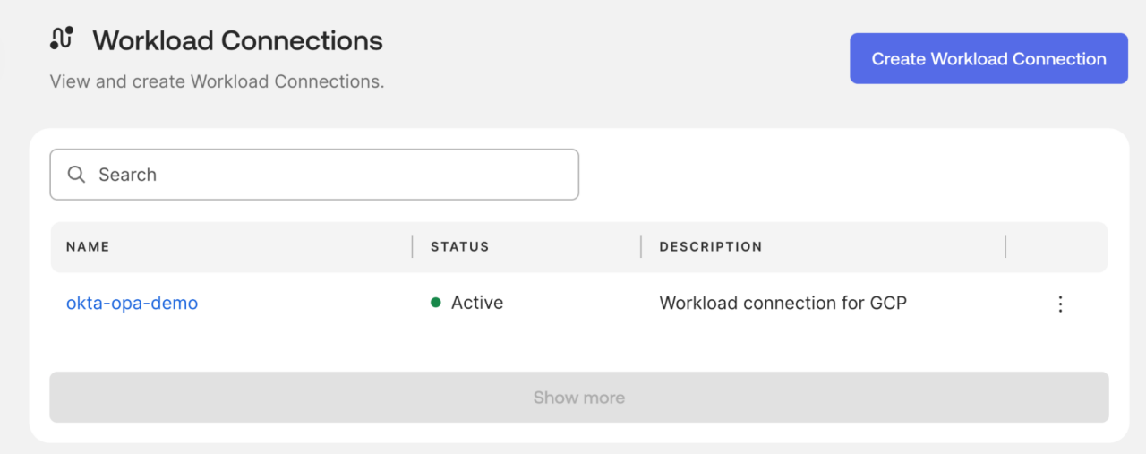 Workload Connections dashboard in Okta listing an active connection entry named okta-opa-demo.