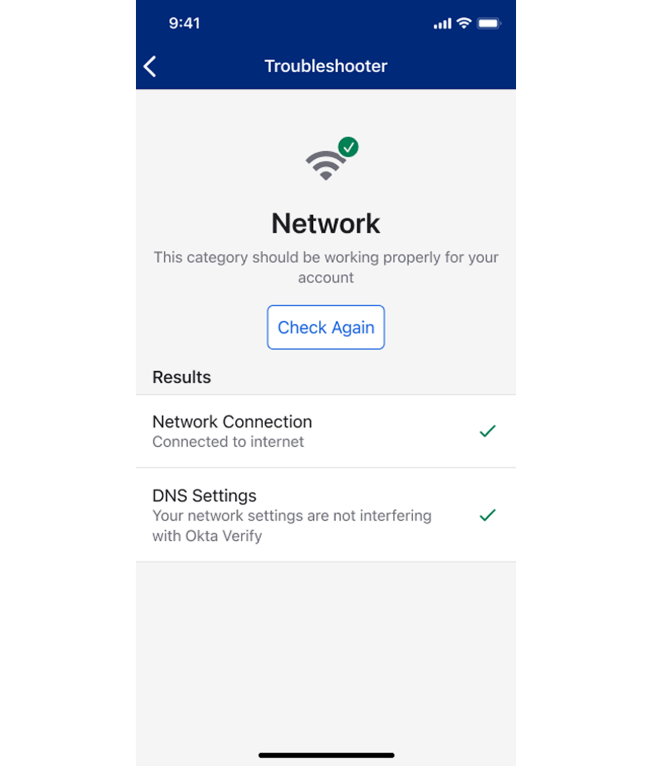 A mobile interface displaying a network troubleshooter screen.