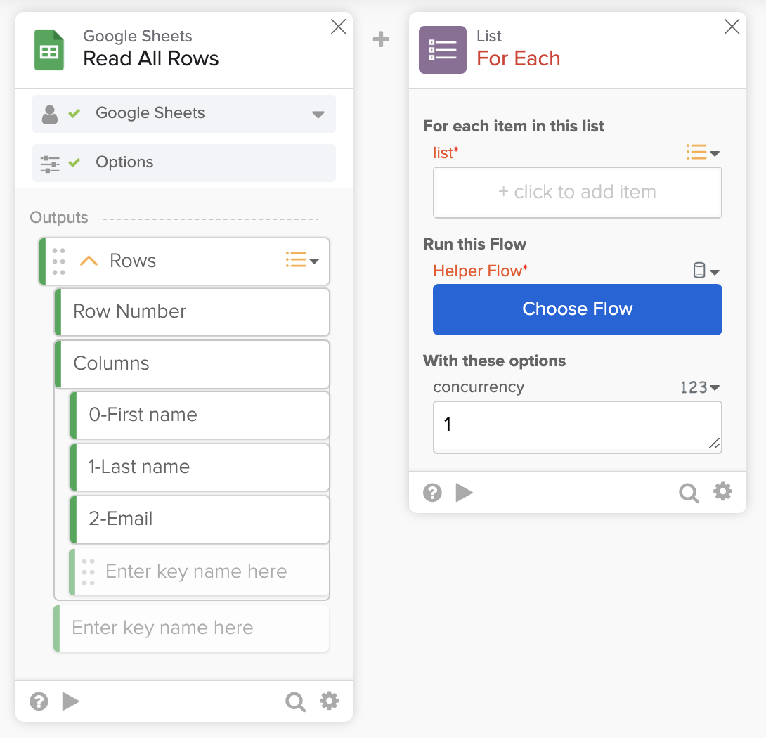 Okta Workflows diagram showing Google Sheets - Read All Rows card connected to a List - For Each helper flow card.