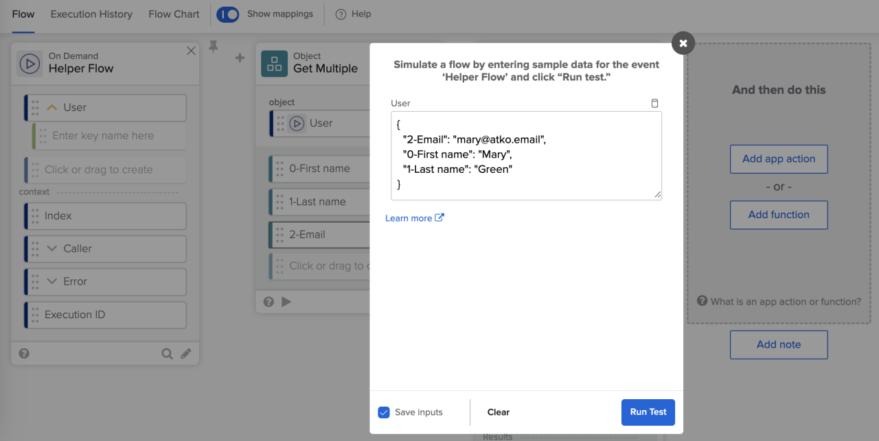 Okta Workflows builder view with a flow simulation pop-up containing sample user JSON payload.