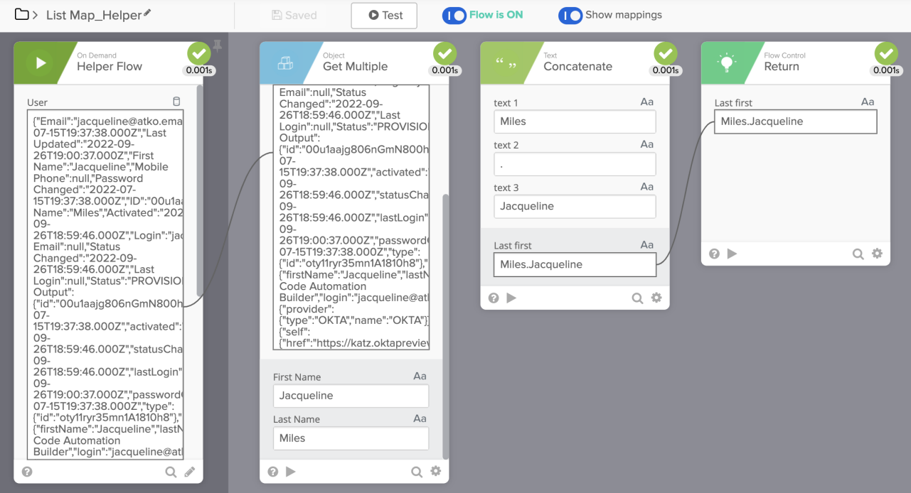 Workflow automation interface with mapped fields, demonstrating how to iterate over items and create a new list.