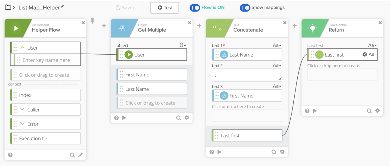 A workflow builder interface demonstrating a list map helper, featuring a sequence of connected step cards including "Helper Flow", "Get Multiple", "Concatenate", and "Return".