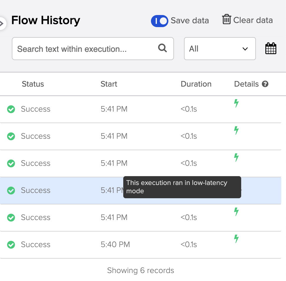Flow history interface showing several successful executions where the low-latency mode lightning bolt icon is displayed in the details column.
