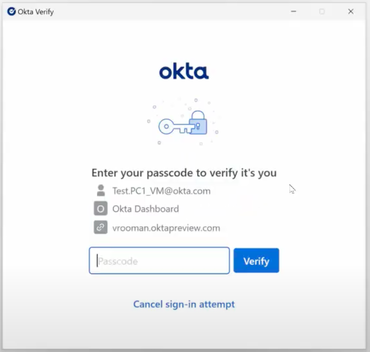 The image displays the Okta Verify login interface prompting the user to enter a passcode for verification.