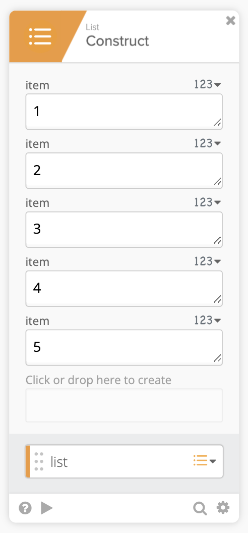 A vertical list construct interface with five numbered items.