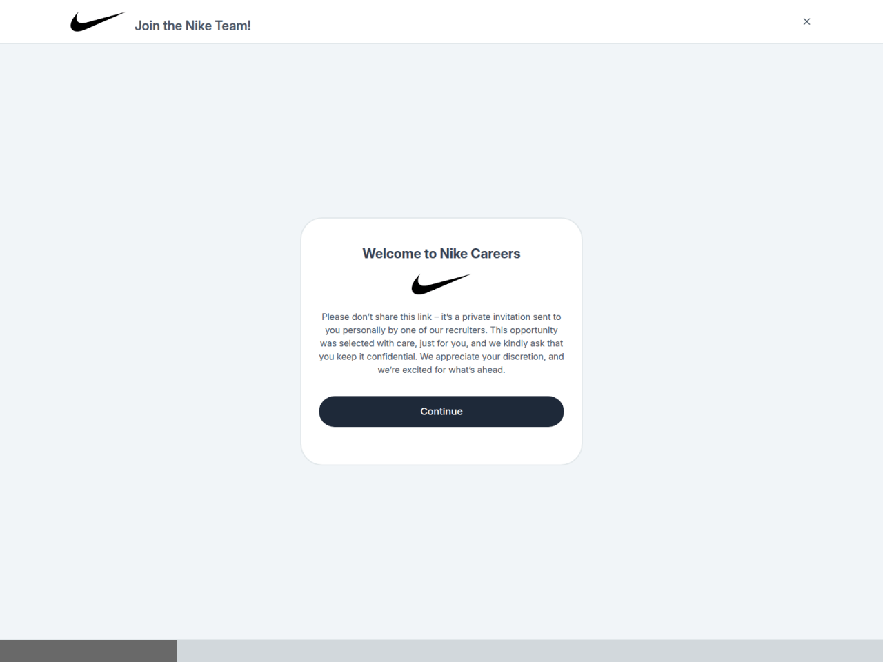 Example of a job invitation landing page impersonating Nike